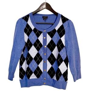 Talbots Blue 100% Merino Wool Cardigan Sweater Size L Argyle 3/4 sleeve Preppy